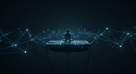 Poster - Man meditating on flying futuristic platform. Modern digital network with lines and spheres. Abstract artificial intelligence and cyber realm concept.