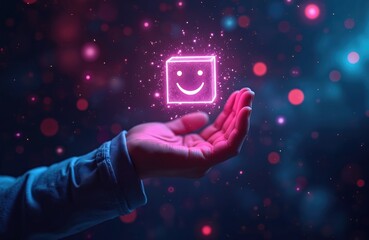 Poster - Hand holding glowing digital smiling box icon. Futuristic graphic elements represent Web3, blockchain tech concepts. Connecting network, cyberspace, digital world, business community concepts,