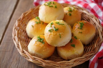 Poster - A basket filled with golden brown buns topped with chopped parsley.