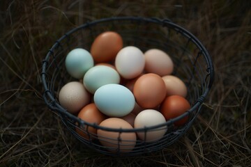 Poster - A basket filled with colorful eggs of various shades.