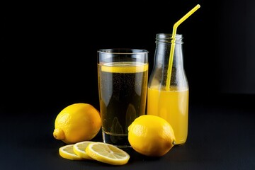 Poster - Two glasses filled with lemonade, one with a slice of lemon on the rim, next to two whole lemons and a bottle of lemon juice.