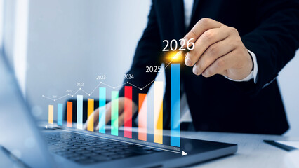 Leinwandbilder - Increase chart arrow graph corporate business future growth new year 2026.New business plans,goals,revenue and visions in business for new year 2026.New opportunity, challenge and strategy in 2026. 