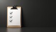 © Maryna - Minimalist clipboard with checklist, black office setting organization, productivity. Modern workspace design, clean lines, contrast. Checklist concept for task management, planning, business.