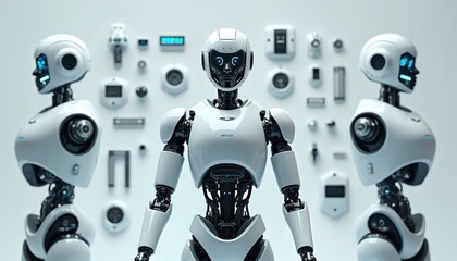 Poster - futuristic robot assembly. androids with sleek design. ai-powered automation. tech innovations, scie