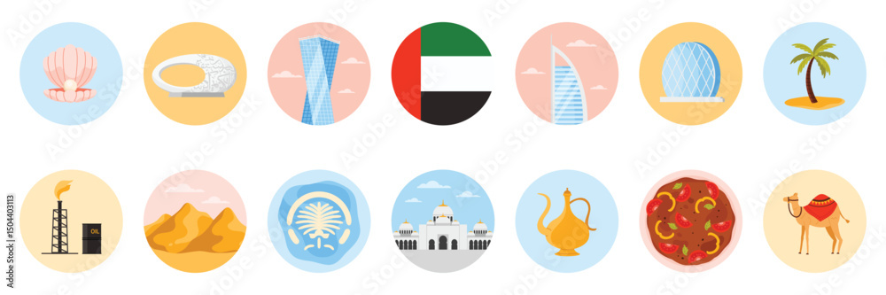 Travel to United Arab Emirates set of round stickers with UAE culture ...