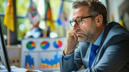 Poster - Professional Businessman Analyzing Data on Computer in Modern Office with Charts and Flags in Background  4k video footage