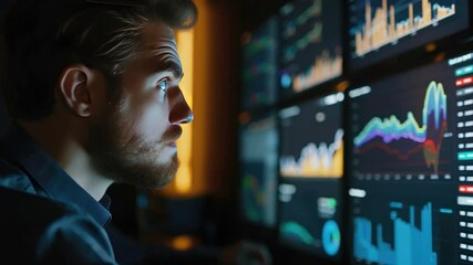 Poster - Professional Male Analyst Reviewing Financial Data on Multiple Monitors in Modern Office Environment  4k video footage