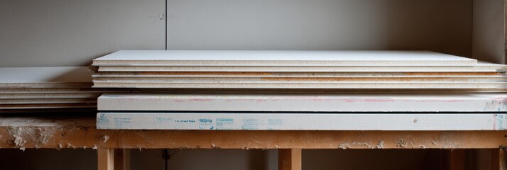 Poster - Drywall Panels Stacked Neatly Against the Wall in a Construction Site During Daylight