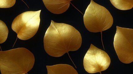 Poster - Golden leaves gracefully scattered on a dark background create an elegant visual. This image evokes luxury and nature in a simple yet stunning style. Use it for decor or design. AI