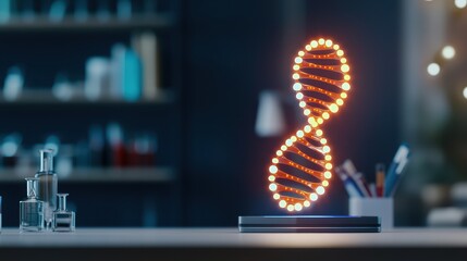 Poster - Precision Medicine Concept, Futuristic Laboratory Setting with Holographic DNA Strand Displayed on Table with Glowing Details