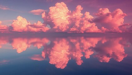 Wall Mural - Dreamlike pink cloudscape reflected in still water, ample copy space, water, reflection
