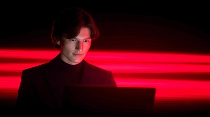 Aufkleber - A focused young man with a laptop in a dark space illuminated by red lights. The modern style evokes a tech-driven atmosphere. Ideal for articles on technology or digital trends. AI