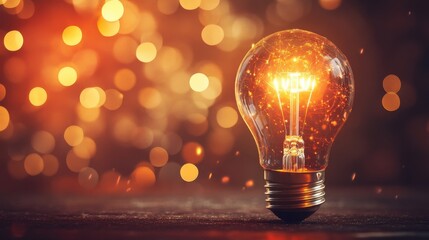 Poster - A stunning glass light bulb radiates warmth and sparks, set against a dark background. The glowing illumination evokes inspiration and creativity, perfect for artistic themes.