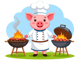 humorous cartoon pig dressed like a professional bbq chef, grilling food over open flame, smoke and 