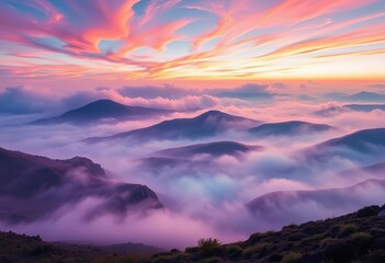 Wall Mural - Ethereal landscape, swirling mists, vibrant hues, vast empty space, quiet, clouds