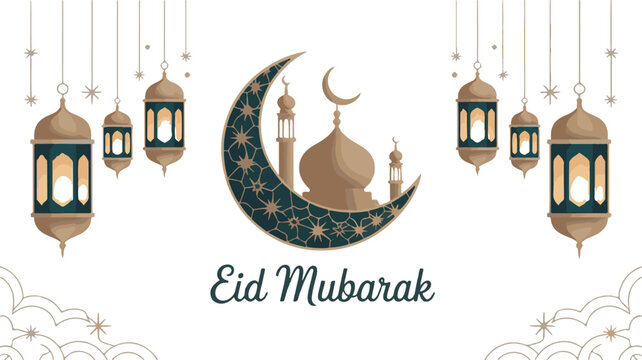 Eid celebration vector with mosque, lanterns and stars, minimal clean design, white background (1)