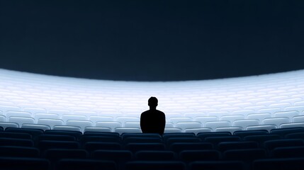 Poster - A solitary figure sits in an empty theater. The atmosphere is calm and contemplative. This image captures the essence of loneliness and reflection. Ideal for artistic and emotional projects. AI