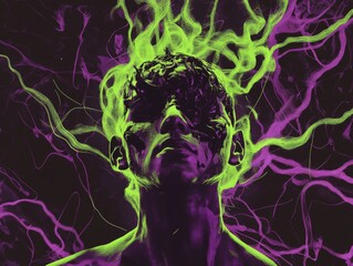 Poster - A chaotic figure surrounded by swirling lines, tones of magenta and neon green, representing overstimulation and mental overload. Background in glitch-like black and purple