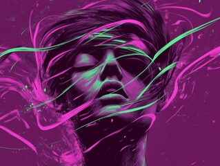 Wall Mural - a chaotic figure surrounded by swirling lines, tones of magenta and neon green, representing oversti