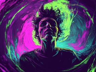 Aufkleber - A chaotic figure surrounded by swirling lines, tones of magenta and neon green, representing overstimulation and mental overload. Background in glitch-like black and purple