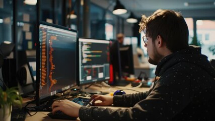 Poster - Young Programmer Coding on Multiple Monitors in Modern Office Setting with Colorful Code Displayed on Screens  4k video footage