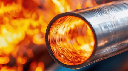Poster - Close-Up of Expanding Metal Tube Under Sunlight with Fiery Background in Industrial Setting