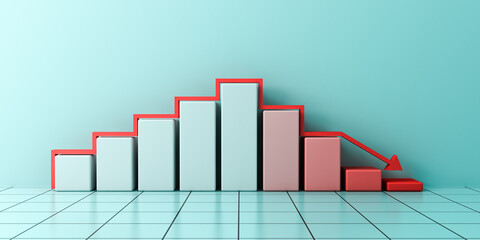 Leinwandbilder - 3d economic crisis bar graph chart with red arrow going down bankruptcy financial stock market crash downtrend symbol chart going down sign on green blue mint pastel color background 3D rendering