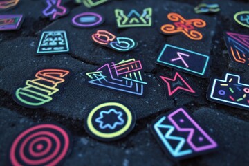 Aufkleber - Retro 80s Neon Sticker Pack Displayed on Dark Textured Surface Illuminated by Soft Left Zone Light