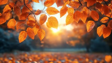 Autumn leaves sunset park scene.