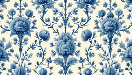 Poster - Seamless floral pattern, French toile inspired design with blue flowers on light beige background. Vintage illustration decor for fabric wallpaper. Classic floral design. Delicate floral ornament