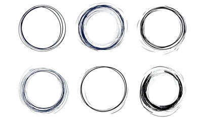 Poster - Set of six hand drawn abstract empty circles with rough sketch lines and irregular strokes on white background in minimalist vector style illustration ideal for design frames or borders