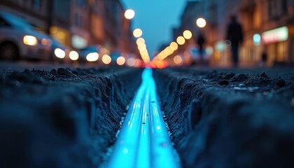 Poster - Fiber optic cables installation in city trench. Illuminated optical fiber connection at night. Underground cabling work for telecom, internet broadband communication. Urban infrastructure.