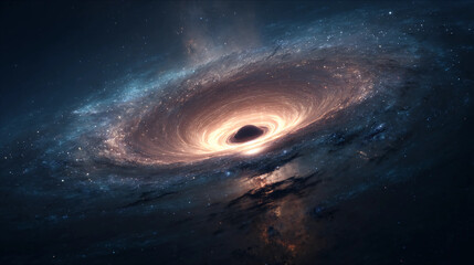Wall Mural - A massive black hole with a glowing accretion disk surrounded by stars and cosmic dust in deep space.