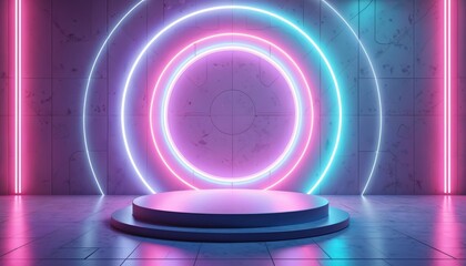 Poster - 3D illustration futuristic cyberpunk style background. Neon lights in room with podium stage to show product. Empty cyber space for product presentation, advertising or promotion.