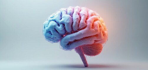 Poster - Modern art, illustration of a human brain with neural network grid, light and shadows. Study, analyze, explore mind, science, ai concept. Digital innovative design.