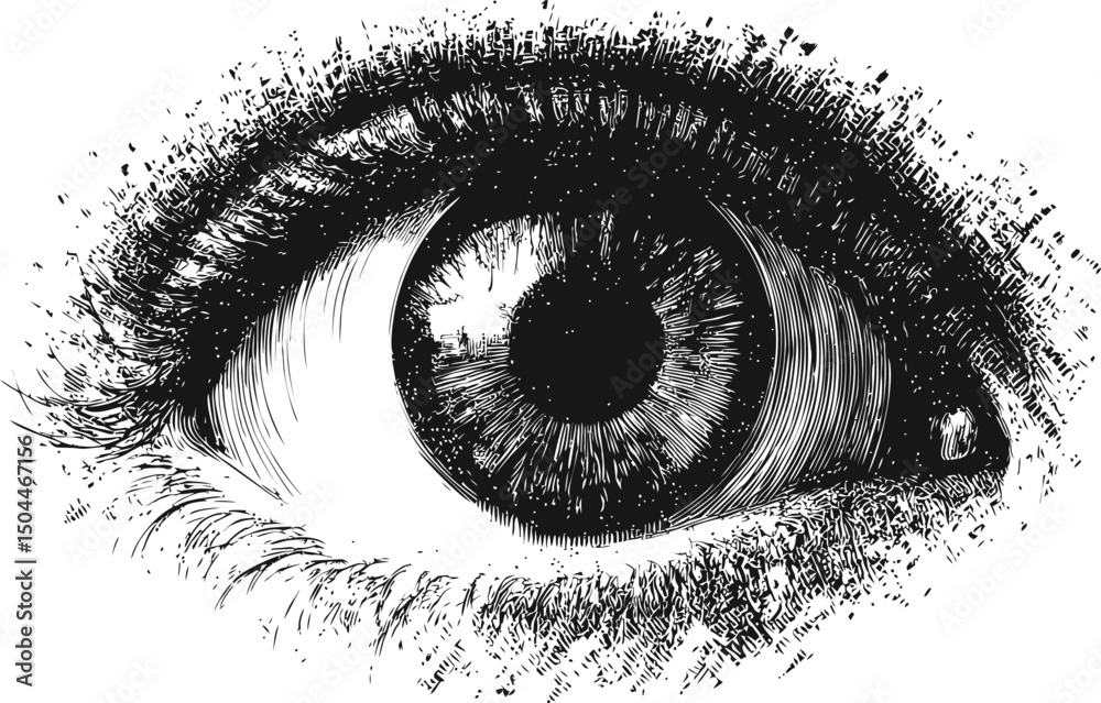 Detailed black and white illustration of a human eye with intricate ...