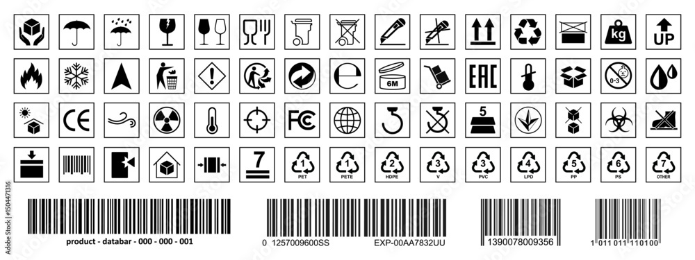 Packaging and warning symbols set for cardboard box, recycle and ...