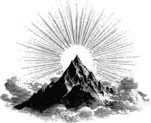 black and white mountain drawing with sun rays in vintage style art. vector illustration