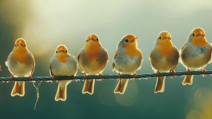 Poster - A group of small birds perched on a wire, possibly in a urban or rural environment