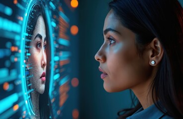 Poster - Indian woman using AI facial recognition tech for cybersecurity. Digital identity software, biometric scanning, safe data protection in cyberspace. Female authentication, encryption, computer safety,