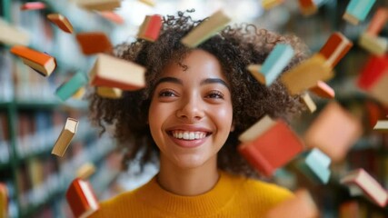 Poster - A woman smiling amidst a pile of books in a library setting