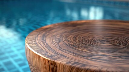 Aufkleber - A wooden table situated near a pool, great for outdoor dining or relaxing by the water