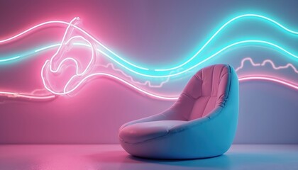 Poster - Neon sign abstract design with pink and blue glow, symbolizing modern nightlife aesthetic. Chair in a room. Dynamic energetic artistic urban expression. Night club party atmosphere.