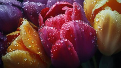Poster - Fresh tulips with water droplets glistening on petals, great for floral and nature themes