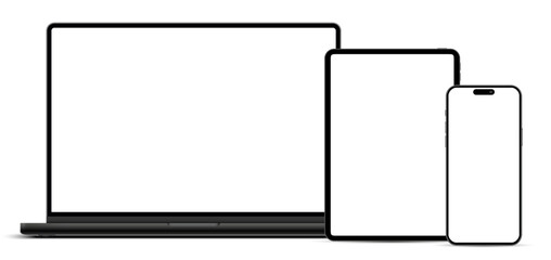 Poster - Laptop computer, tablet pc and mobile phone mockup front view, black digital devices screen template isolated with transparent background - vector