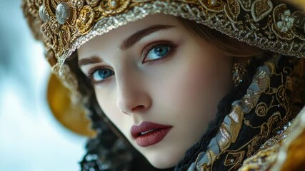 Aufkleber - A close-up shot of a woman wearing a decorative headpiece, possibly for cultural or ceremonial purposes