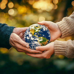 Wall Mural - Generational hands holding Earth symbolizing environmental responsibility and legacy