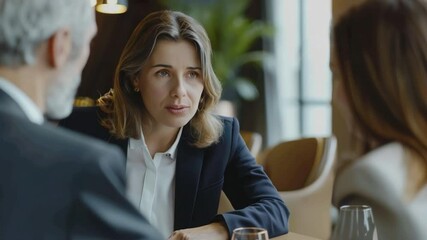 Poster - Business meeting with professional people discussing strategies in a modern office setting with a warm atmosphere  4k video footage