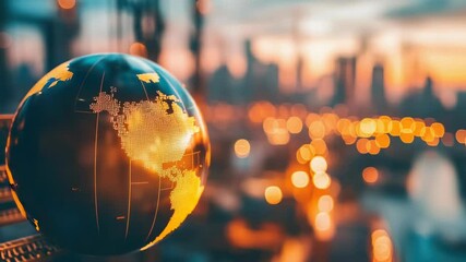 Poster - A black and gold globe with a city skyline visible in the background, perfect for maps, geography, or travel-related projects