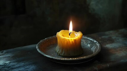 Poster - A single lit candle placed on a plate on a table, great for adding warmth to any scene